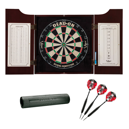 Viper Hudson Dartboard Cabinet, Viper Dead-On Bristle Dartboard, Viper Black Mariah Steel Tip Darts 22 Grams, and Viper Vinyl Dart Mat