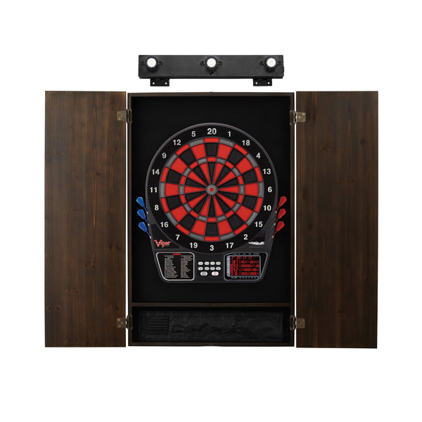 Viper 797 Electronic Dartboard, Metropolitan Espresso Cabinet & Shadow Buster Dartboard Light Bundle