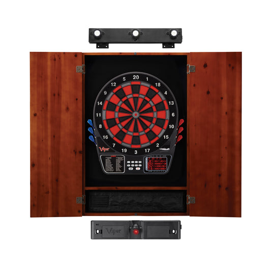 Viper 797 Electronic Dartboard, Metropolitan Cinnamon Cabinet, Throw Line Light & Shadow Buster Dartboard Light Bundle