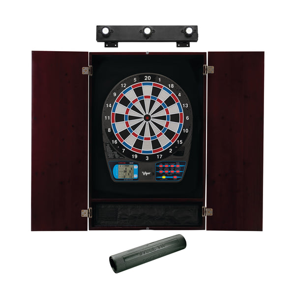 Viper 787 Electronic Dartboard, Metropolitan Mahogany Cabinet, Padded Dart Mat & Shadow Buster Dartboard Lights