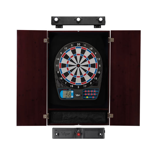 Viper 787 Electronic Dartboard, Metropolitan Mahogany Cabinet, Throw Line Light Marker & Shadow Buster Dartboard Lights