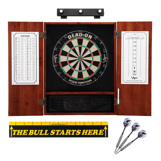 Viper Dead On Sisal Dartboard, Metropolitan Cinnamon Cabinet, Shadow Buster Dartboard Lights & "The Bull Starts Here" Throw Line Marker