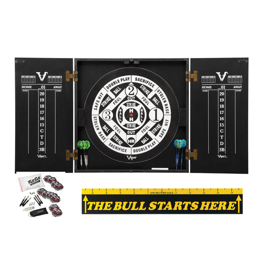 Viper Hideaway Cabinet with Coiled Paper Dartboard, "The Bull Starts Here" Throw Line Marker & Steel Tip Dart Accessories Kit