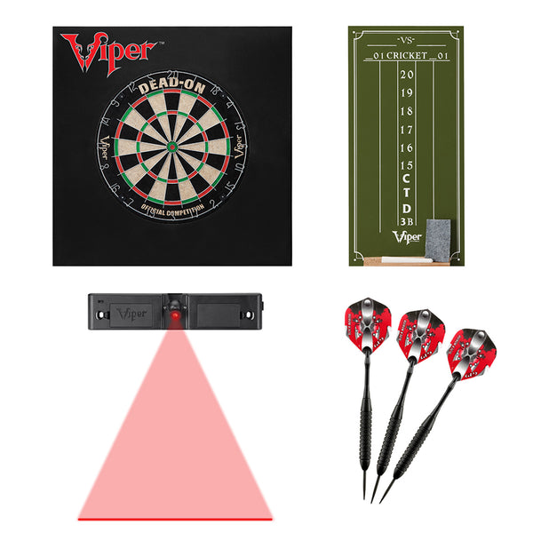 Viper Dead-On Bristle Dartboard, Viper Small Cricket Chalk Scoreboard, Viper Black Mariah Steel Tip Darts 22 Grams, Throw Line Light, and Viper Wall Defender II