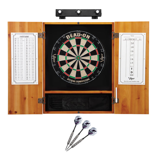 Viper Dead On Sisal Dartboard, Metropolitan Oak Cabinet, Underground The Raven Steel Tip Darts & Shadow Buster Dartboard Lights