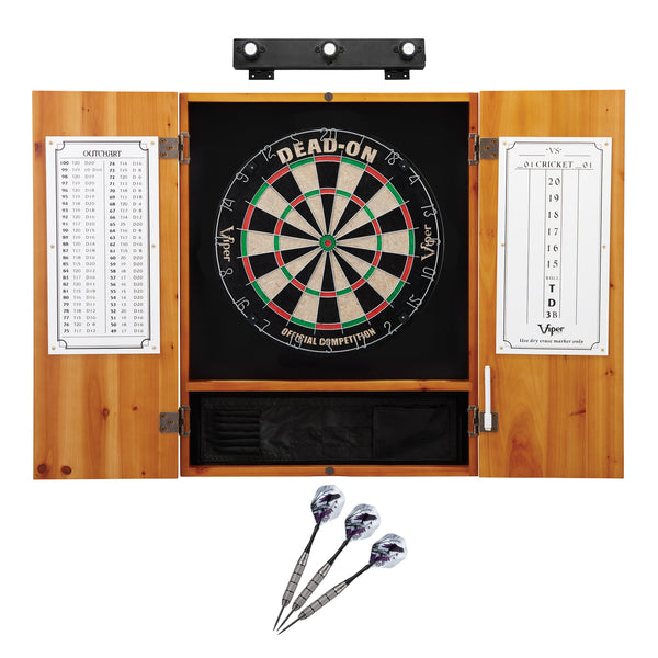 Viper Dead On Sisal Dartboard, Metropolitan Oak Cabinet, Underground The Raven Steel Tip Darts & Shadow Buster Dartboard Lights