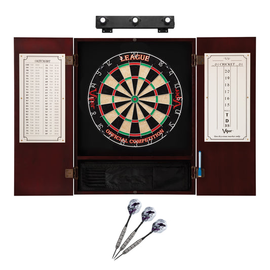 Viper League Sisal Dartboard, Metropolitan Mahogany Cabinet, Underground The Raven Steel Tip Darts & Shadow Buster Dartboard Lights