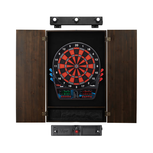 Viper Orion Electronic Dartboard, Metropolitan Espresso Cabinet, Throw Line Light & Shadow Buster Dartboard Light Bundle