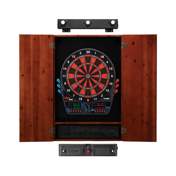 Viper Orion Electronic Dartboard, Metropolitan Cinnamon Cabinet, Throw Line Light & Shadow Buster Dartboard Light Bundle