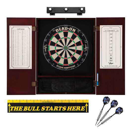 Viper Dead On Sisal Dartboard, Metropolitan Mahogany Cabinet, Shadow Buster Dartboard Lights & "The Bull Starts Here" Throw Line Marker