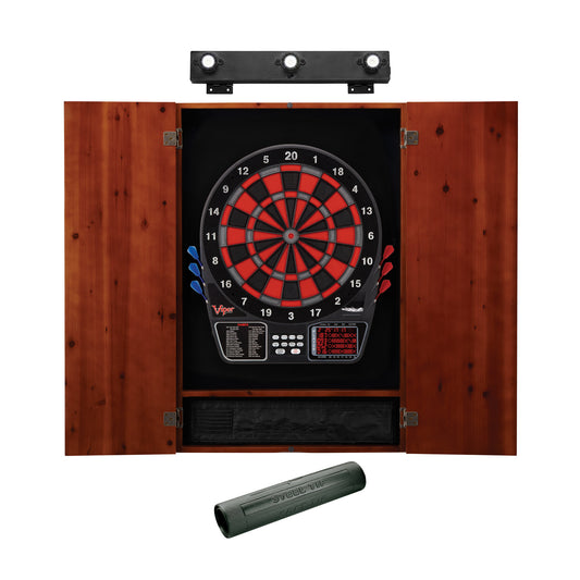 Viper 797 Electronic Dartboard, Metropolitan Cinnamon Cabinet, Dart Mat & Shadow Buster Dartboard Light Bundle