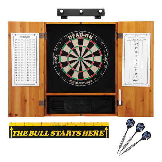 Viper Dead On Sisal Dartboard, Metropolitan Oak Cabinet, Shadow Buster Dartboard Lights & "The Bull Starts Here" Throw Line Marker