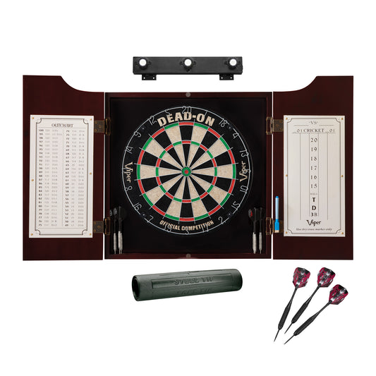 Viper Dead On Sisal Dartboard, Hudson Cabinet, Dart Mat, Black Mariah Steel Tip Darts & Shadow Buster Dartboard Light Bundle