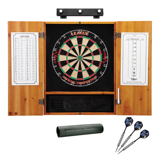 Viper League Sisal Dartboard, Metropolitan Oak Cabinet, Shadow Buster Dartboard Lights & Padded Dart Mat