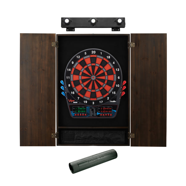 Viper Orion Electronic Dartboard, Metropolitan Espresso Cabinet, Dart Mat & Shadow Buster Dartboard Light Bundle