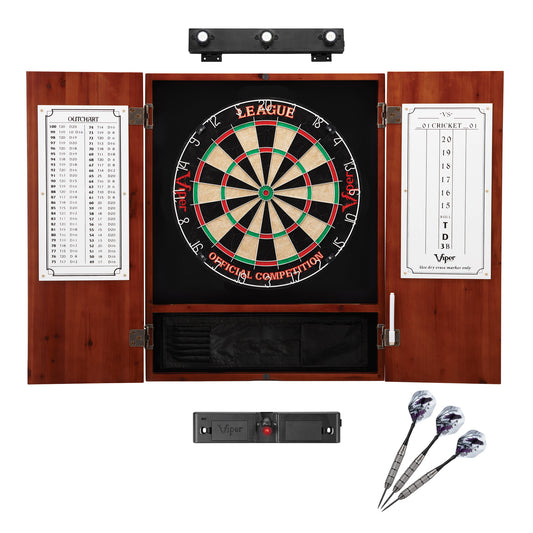 Viper League Sisal Dartboard, Metropolitan Cinnamon Cabinet, Shadow Buster Dartboard Lights & Throw Line Light Marker