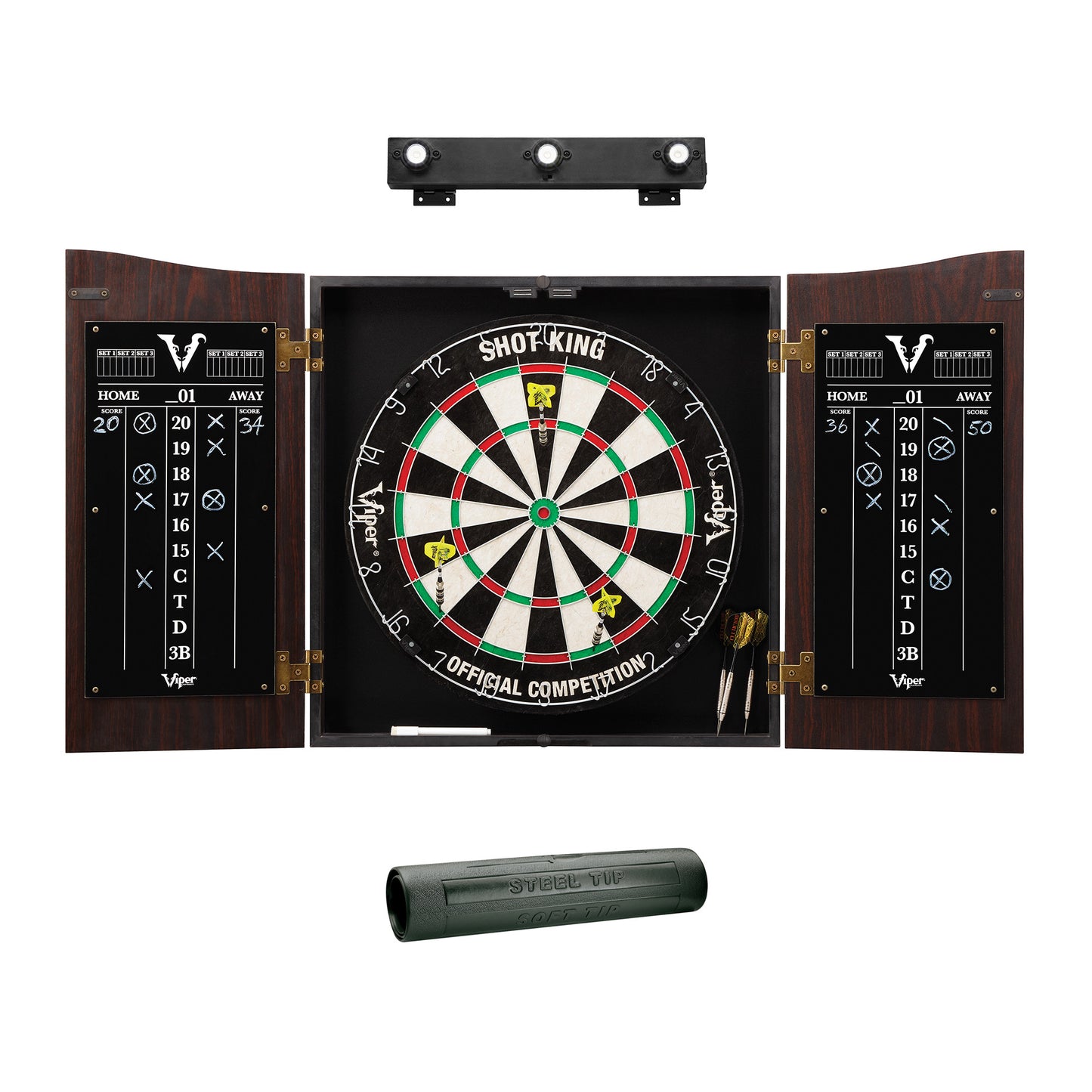 Viper Vault Cabinet with Shot King Sisal Dartboard, Padded Dart Mat & Shadow Buster Dartboard Lights