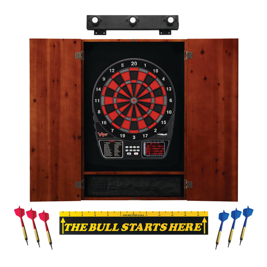 Viper 797 Electronic Dartboard, Metropolitan Cinnamon Cabinet, Throw Line Marker & Shadow Buster Dartboard Light Bundle