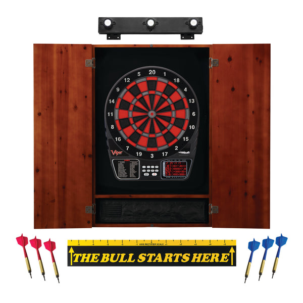 Viper 797 Electronic Dartboard, Metropolitan Cinnamon Cabinet, Throw Line Marker & Shadow Buster Dartboard Light Bundle