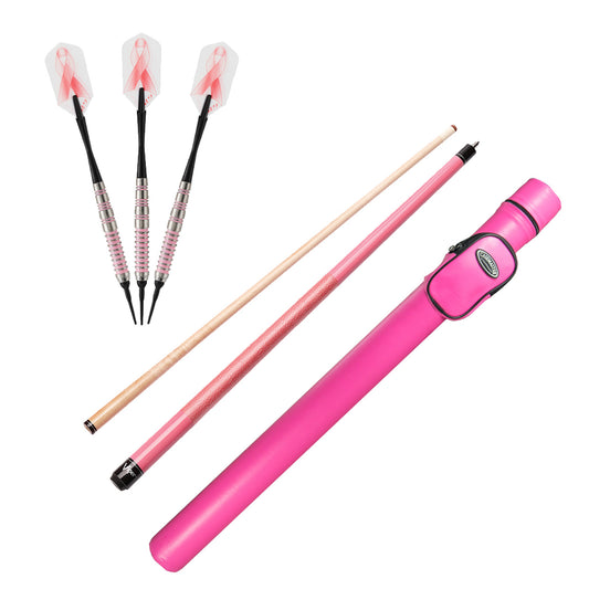 Fat Cat Pink Lady Soft Tip Darts 16 Grams, Casemaster Q-Vault Supreme Pink Cue Case, and Viper Pink Lady Cue