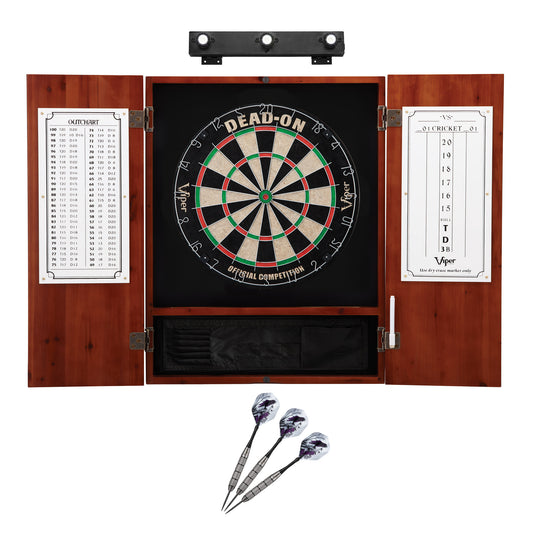 Viper Dead On Sisal Dartboard, Metropolitan Cinnamon Cabinet, Underground The Raven Steel Tip Darts & Shadow Buster Dartboard Lights