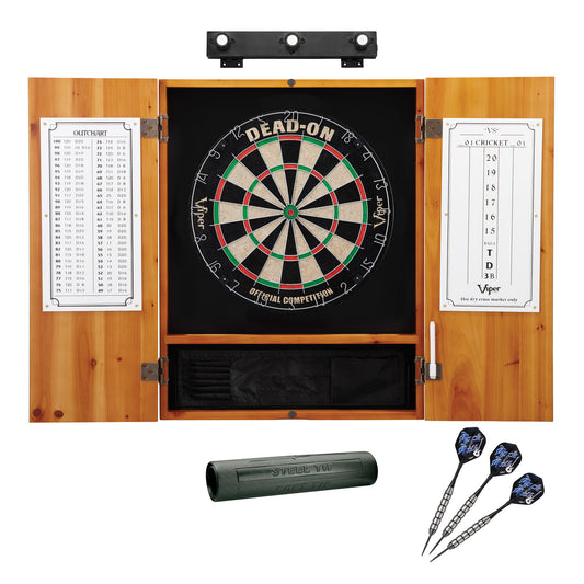 Viper Dead On Sisal Dartboard, Metropolitan Oak Cabinet, Shadow Buster Dartboard Lights & Padded Dart Mat