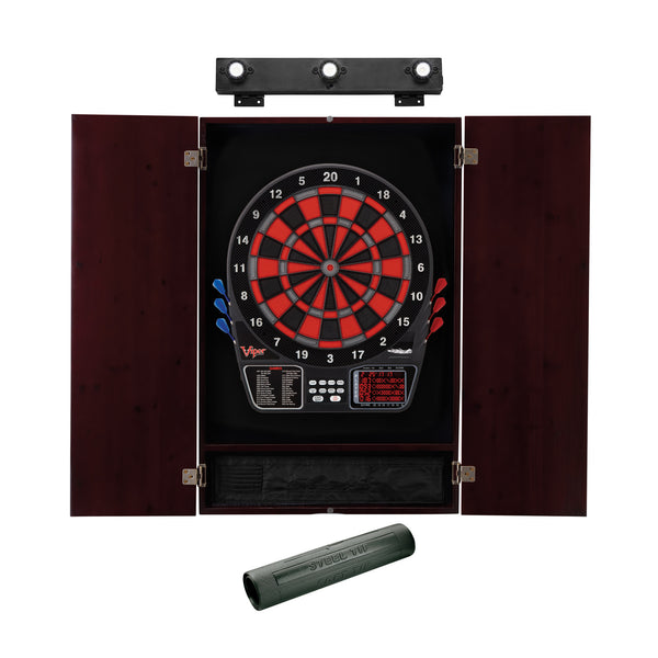 Viper 797 Electronic Dartboard, Metropolitan Mahogany Cabinet, Dart Mat & Shadow Buster Dartboard Light Bundle