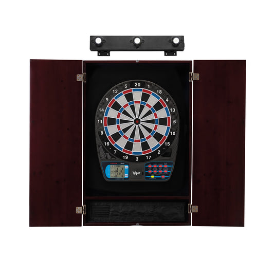 Viper 787 Electronic Dartboard, Metropolitan Mahogany Cabinet & Shadow Buster Dartboard Lights