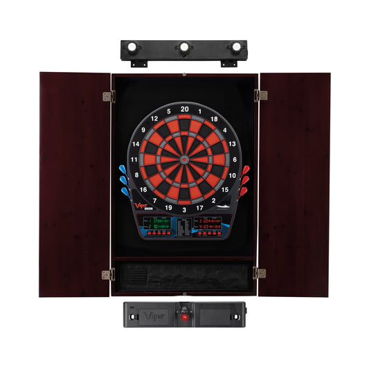 Viper Orion Electronic Dartboard, Metropolitan Mahogany Cabinet, Throw Line Light & Shadow Buster Dartboard Light Bundle