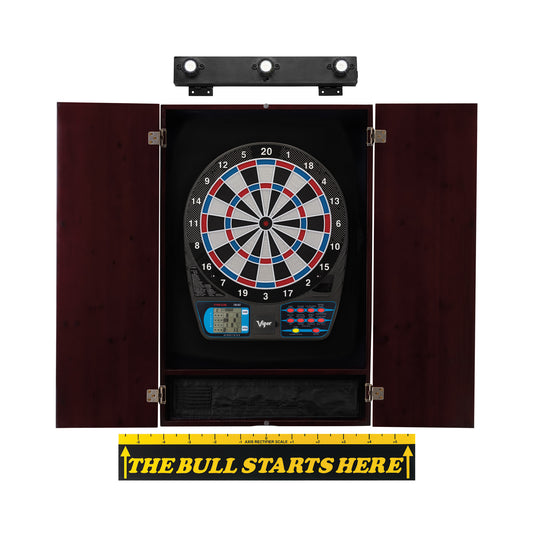 Viper 787 Electronic Dartboard, Metropolitan Mahogany Cabinet, "The Bull Starts Here" Throw Line Marker & Shadow Buster Dartboard Lights