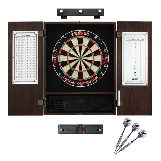 Viper League Sisal Dartboard, Metropolitan Espresso Cabinet, Shadow Buster Dartboard Lights & Throw Line Light Marker