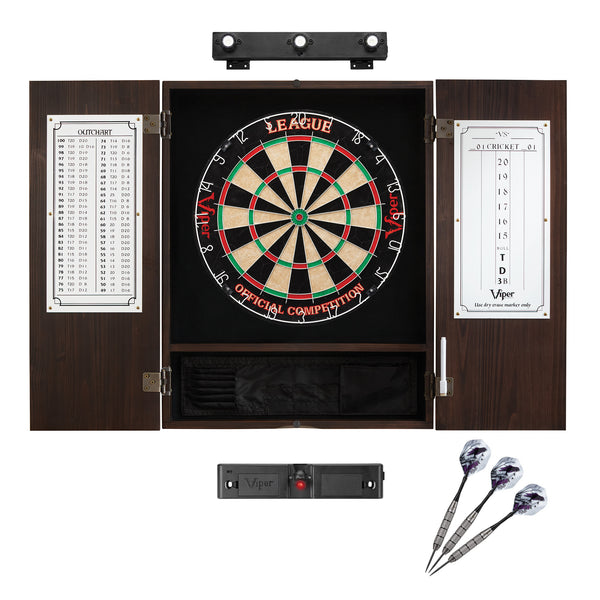 Viper League Sisal Dartboard, Metropolitan Espresso Cabinet, Shadow Buster Dartboard Lights & Throw Line Light Marker