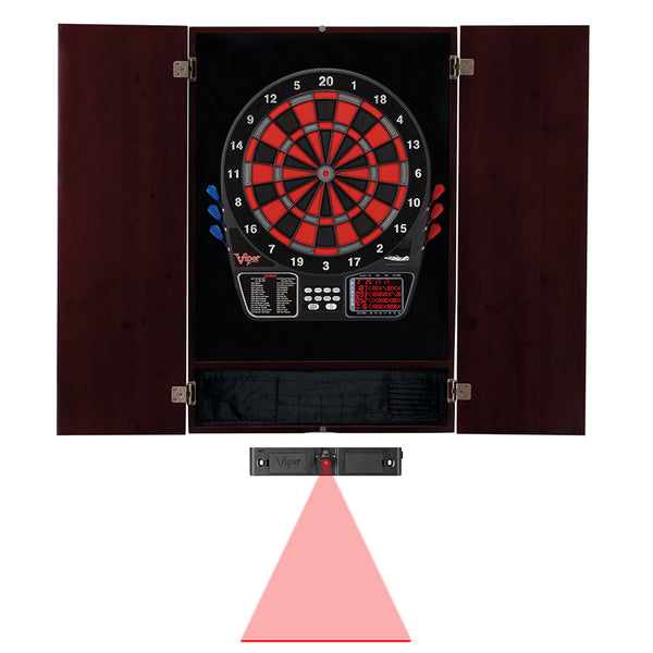 Viper Metropolitan Mahogany Soft Tip Dartboard Cabinet, Viper 797 Electronic Dartboard, and Throw Line Light