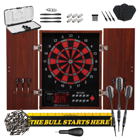 Viper Neptune Electronic Dartboard, "The Bull Starts Here" Throw Line Marker, Bobcat Adjustable Weight Soft Tip Darts, Dart Tip Remover Tool & Tufflex II Black Dart Tips