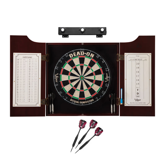 Viper Dead On Sisal Dartboard, Hudson Cabinet, Black Mariah Steel Tip Darts & Shadow Buster Dartboard Light Bundle