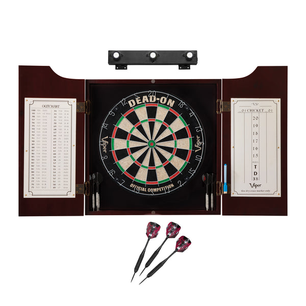 Viper Dead On Sisal Dartboard, Hudson Cabinet, Black Mariah Steel Tip Darts & Shadow Buster Dartboard Light Bundle