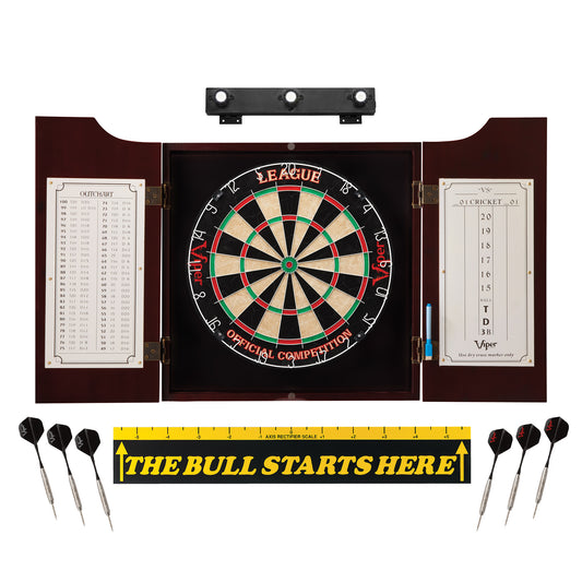 Viper League Sisal Dartboard, Hudson Mahogany Cabinet, Shadow Buster Dartboard Lights & "The Bull Starts Here" Throw Line Marker