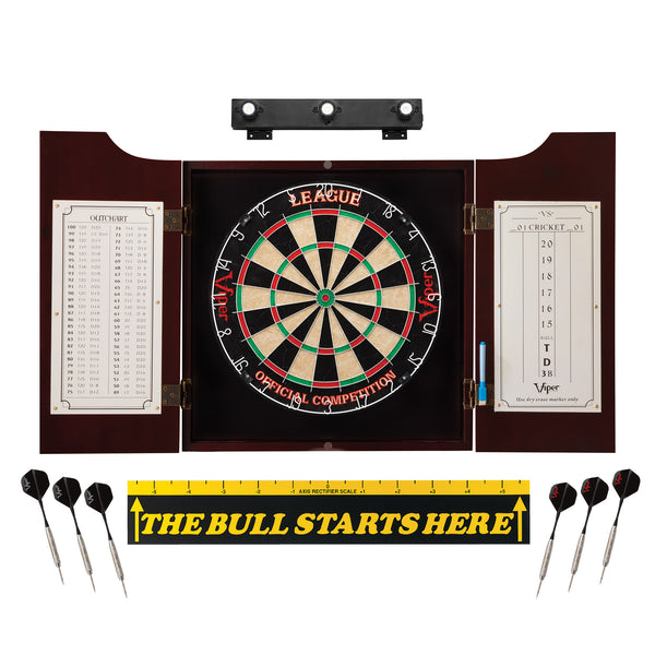 Viper League Sisal Dartboard, Hudson Mahogany Cabinet, Shadow Buster Dartboard Lights & 