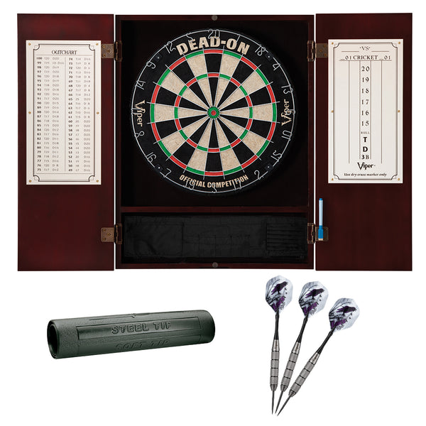 Viper Metropolitan Mahogany Steel Tip Dartboard Cabinet, Viper Dead-On Bristle Dartboard, Viper Underground Raven Steel Tip Darts 25 Grams, and Viper Vinyl Dart Mat