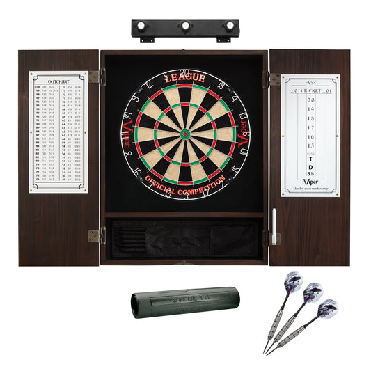 Viper League Sisal Dartboard, Metropolitan Espresso Cabinet, Shadow Buster Dartboard Lights & Padded Dart Mat