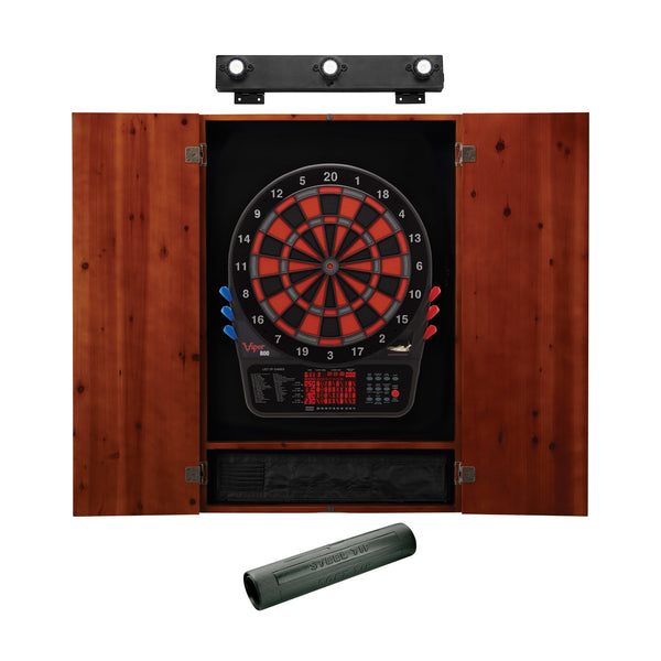 Viper 800 Electronic Dartboard, Metropolitan Cinnamon Cabinet, Dart Mat & Shadow Buster Dartboard Light Bundle