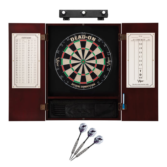 Viper Dead On Sisal Dartboard, Metropolitan Mahogany Cabinet, Underground The Raven Steel Tip Darts & Shadow Buster Dartboard Lights