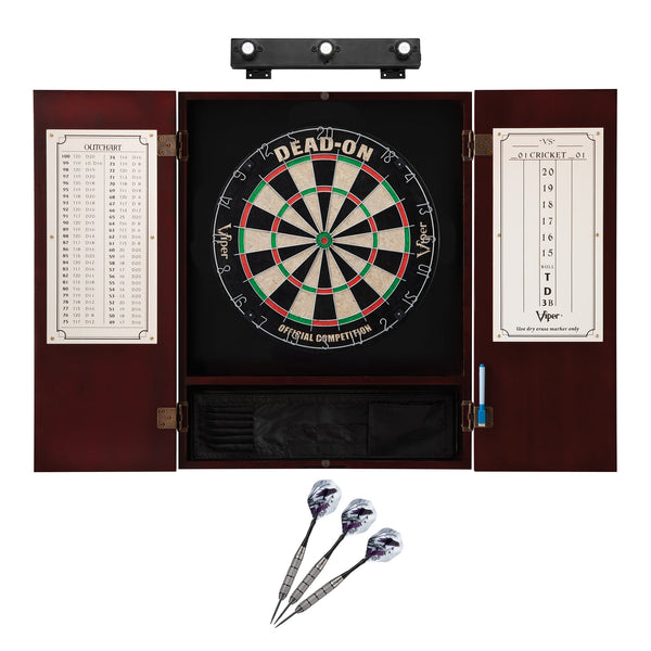 Viper Dead On Sisal Dartboard, Metropolitan Mahogany Cabinet, Underground The Raven Steel Tip Darts & Shadow Buster Dartboard Lights