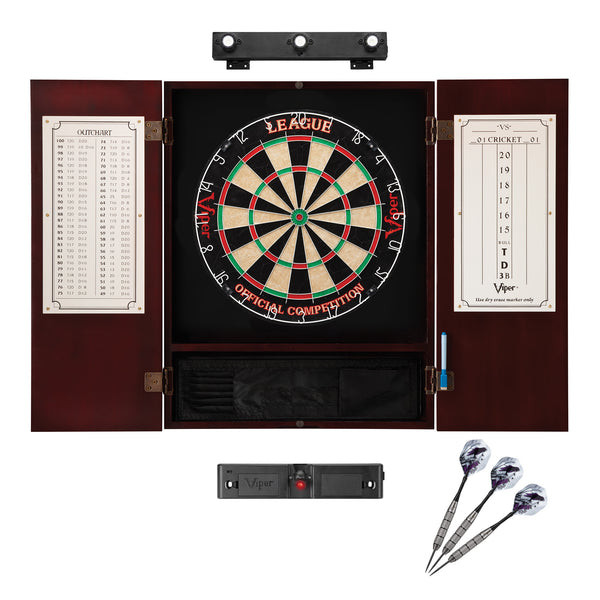 Viper League Sisal Dartboard, Metropolitan Mahogany Cabinet, Shadow Buster Dartboard Lights & Throw Line Light Marker