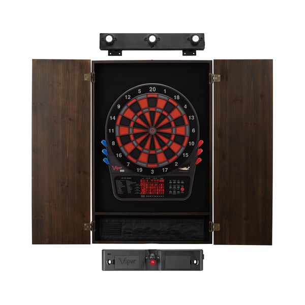 Viper 800 Electronic Dartboard, Metropolitan Espresso Cabinet, Throw Line Light & Shadow Buster Dartboard Light Bundle