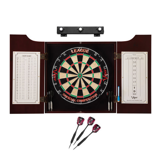 Viper League Sisal Dartboard, Hudson Cabinet, Black Mariah Steel Tip Darts & Shadow Buster Dartboard Light Bundle