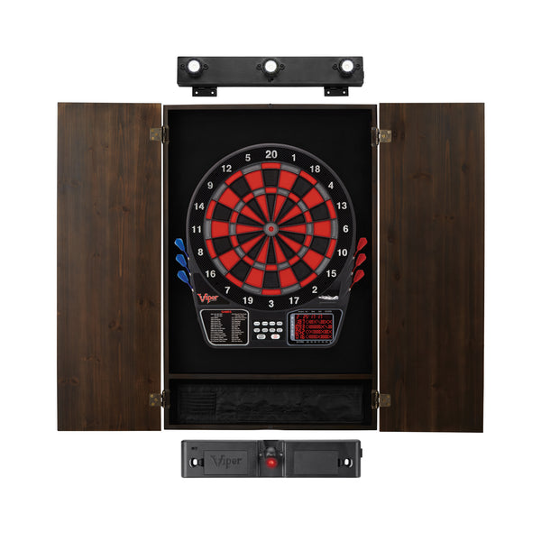 Viper 797 Electronic Dartboard, Metropolitan Espresso Cabinet, Throw Line Light & Shadow Buster Dartboard Light Bundle