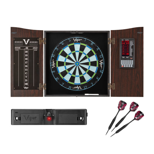 Viper Vault Deluxe Dartboard Cabinet with Built-In Pro Score, Chroma Sisal Dartboard, Throw Line Light, and Black Mariah Darts