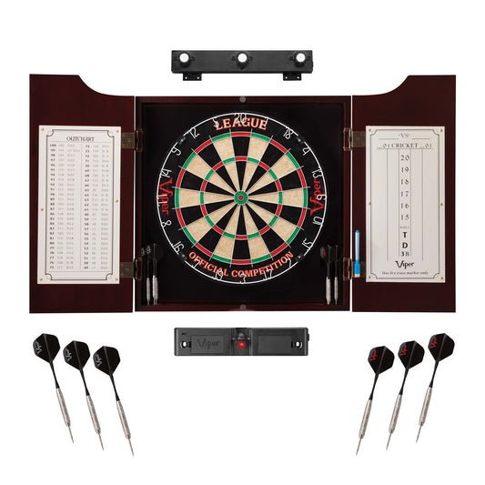 Viper League Sisal Dartboard, Hudson Mahogany Cabinet, Shadow Buster Dartboard Lights & Throw Line Light