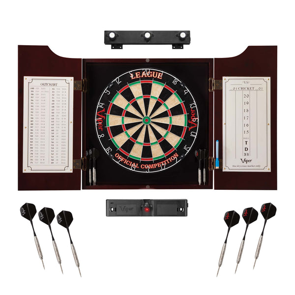 Viper League Sisal Dartboard, Hudson Mahogany Cabinet, Shadow Buster Dartboard Lights & Throw Line Light